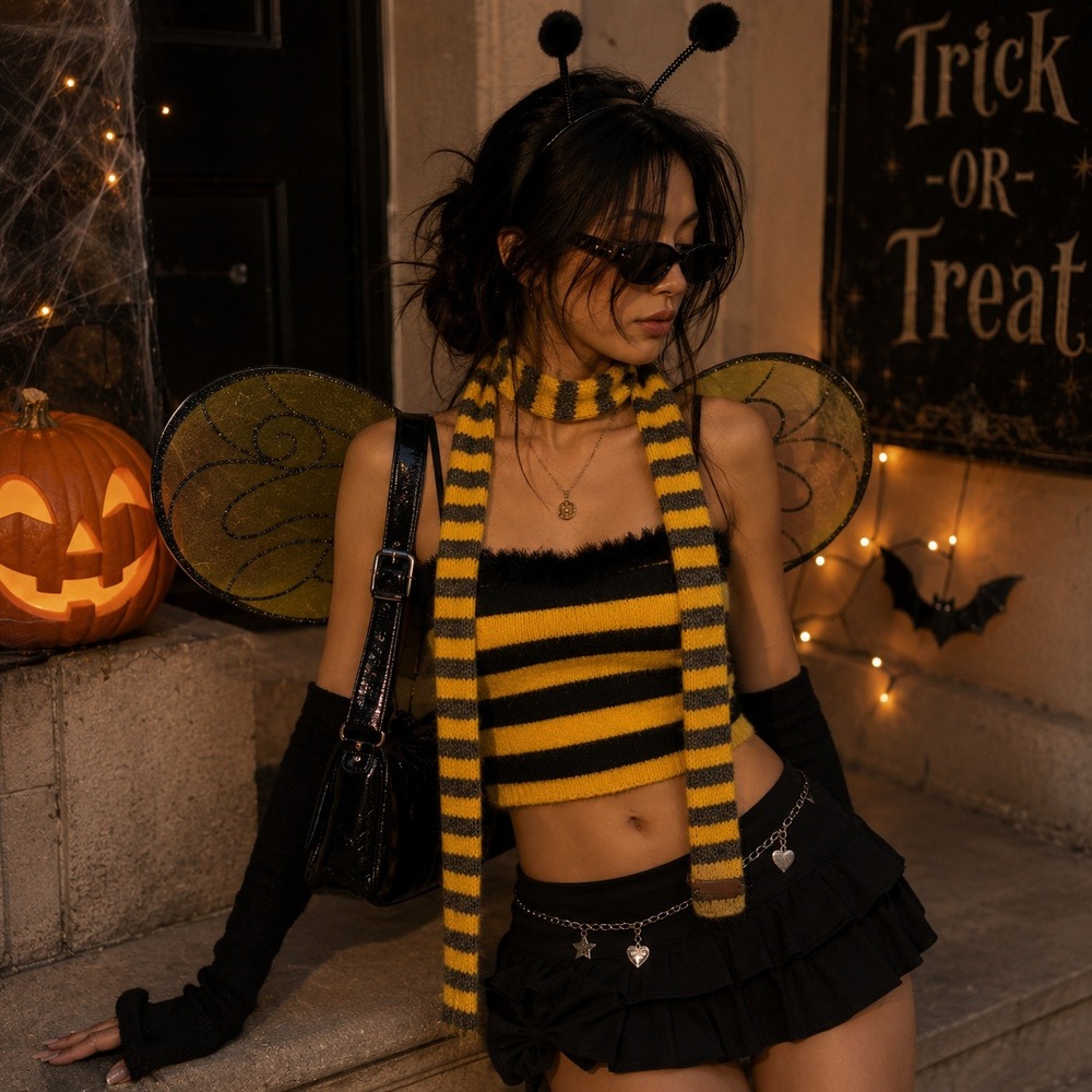 Yellow Gray Striped Knit Skinny Scarf Bee Costume Halloween Accessory Y2K 90s